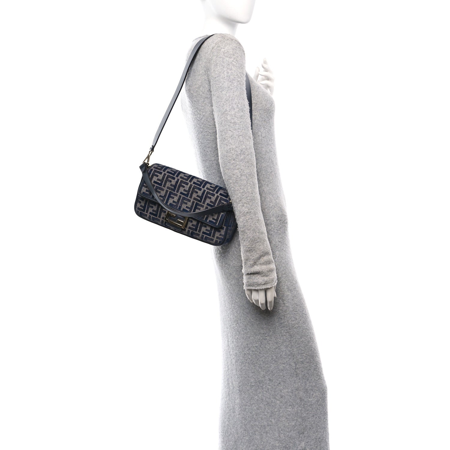 Fendi Chenille FF Embroidered Baguette Dark Blue Grey 2 of 11