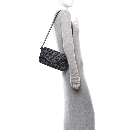 Fendi Chenille FF Embroidered Baguette Dark Blue Grey 2 of 11