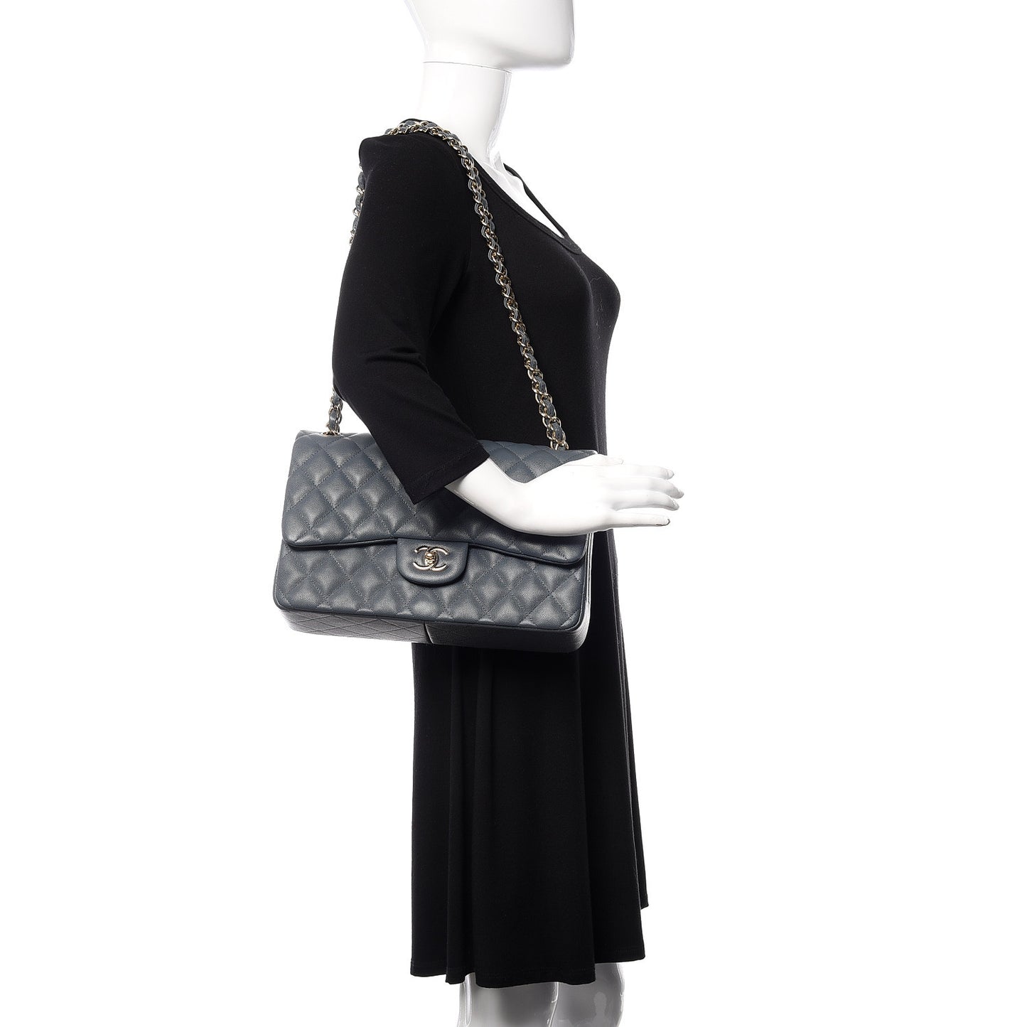 Caviar Quilted Jumbo Double Flap Grey