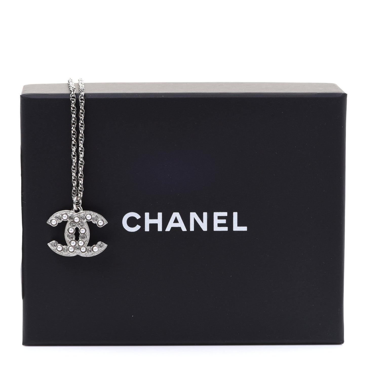 Pearl Crystal CC Pendant Necklace Silver