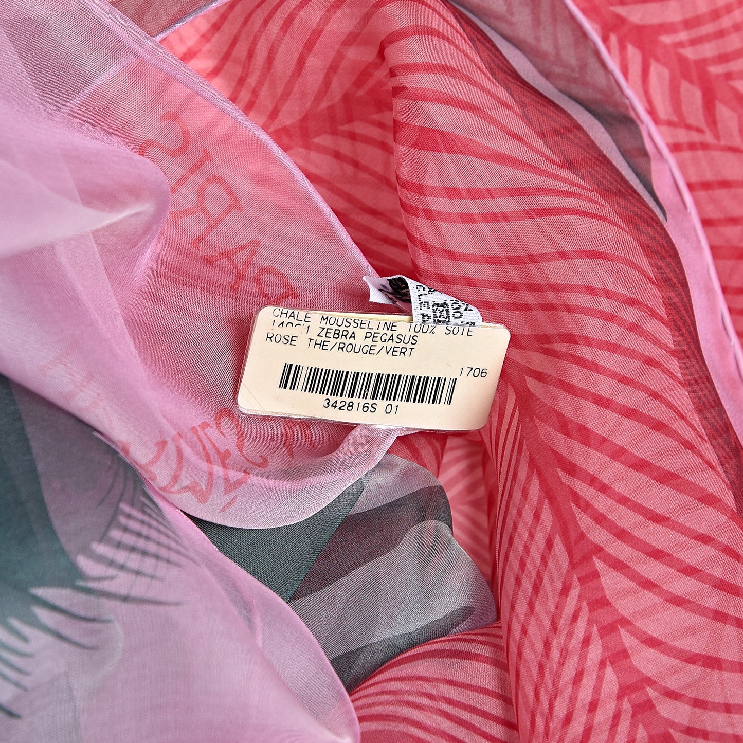 Silk Mousseline Zebra Pegasus Shawl 140 Rose Thé Rouge Vert