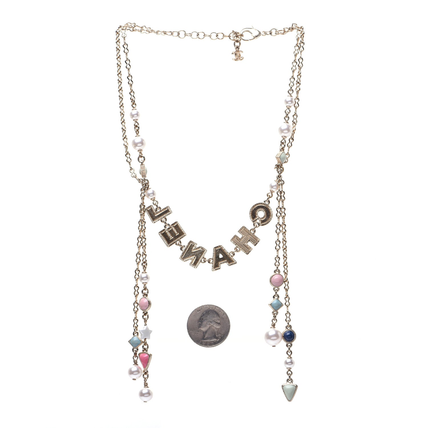 Chanel Resin Pearl Beaded Logo Chain Choker Green White Pink 3 of 5