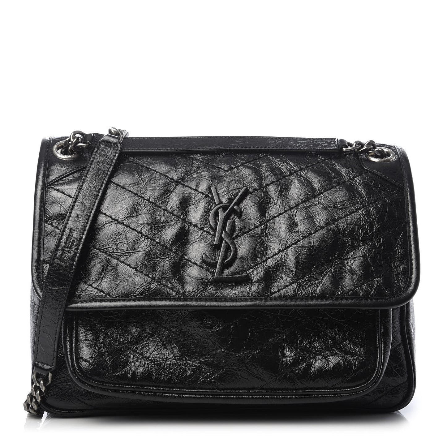 Crinkled Calfskin Matelasse Monogram Medium Niki Chain Satchel Black