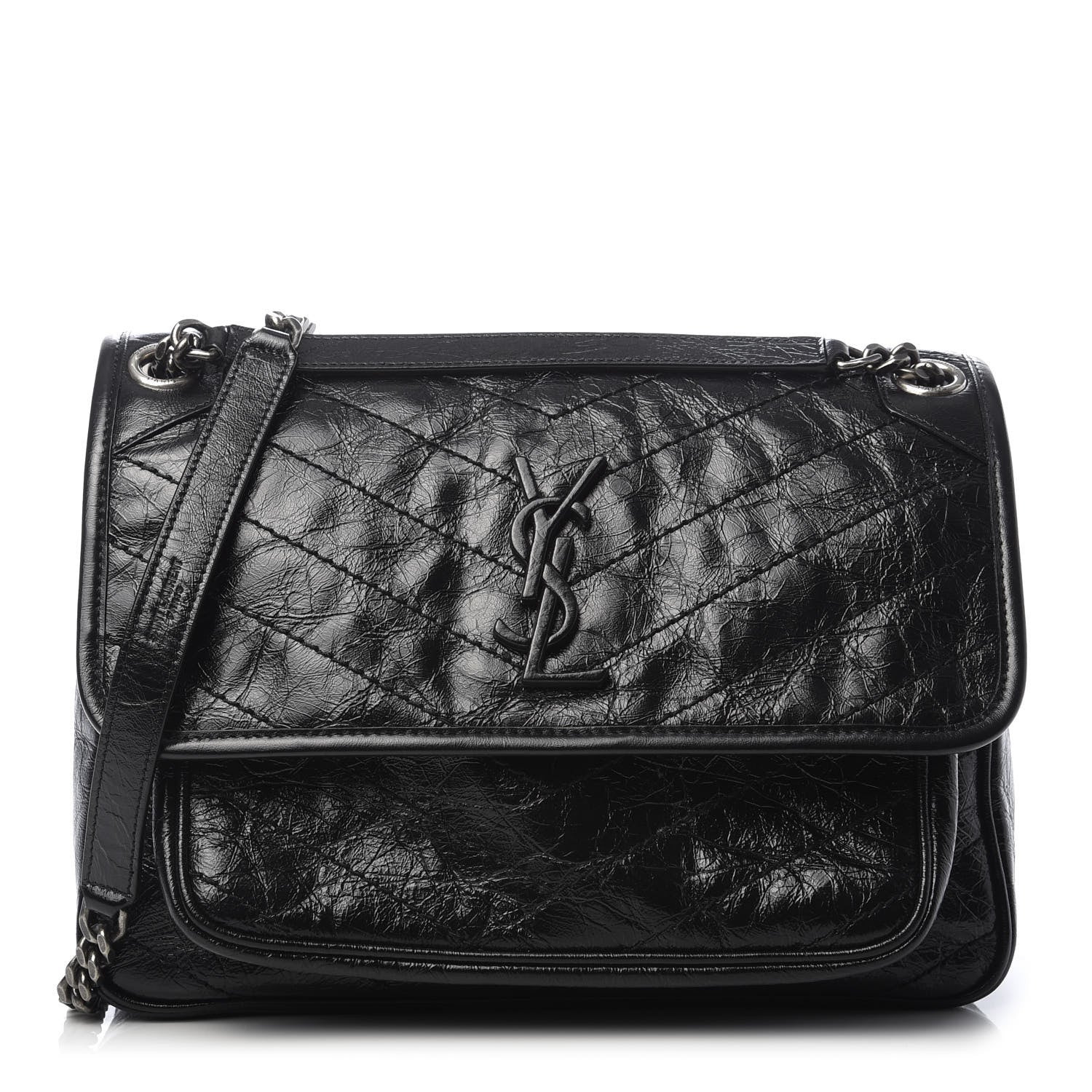 Saint Laurent Crinkled Calfskin Matelasse Monogram Medium Niki Chain Satchel Black 1 of 9
