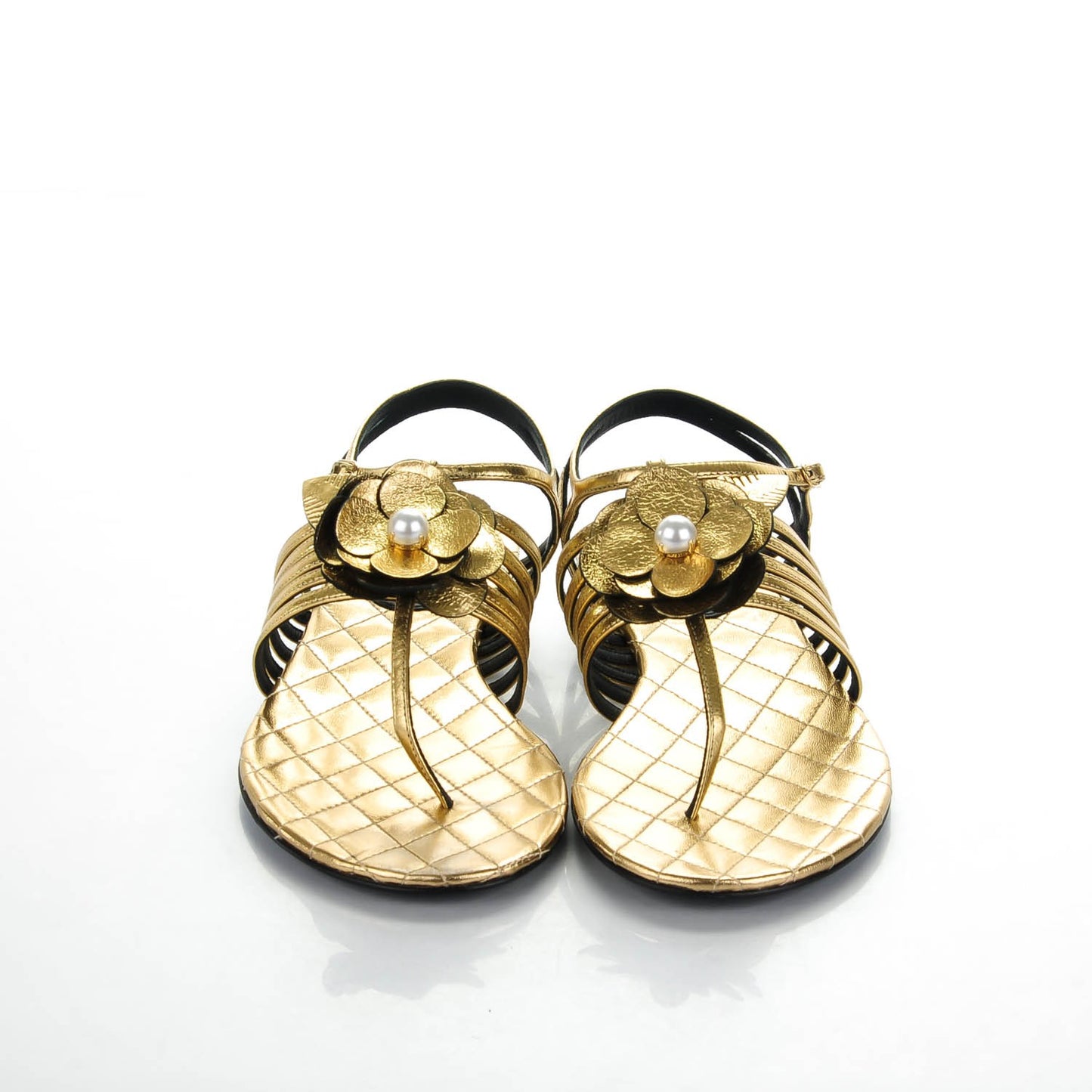 Crumpled Calfskin Camellia Pearl Thong Sandals 36.5 Gold