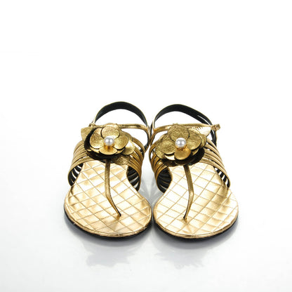 Chanel Crumpled Calfskin Camellia Pearl Thong Sandals 36.5 Gold 2 of 7