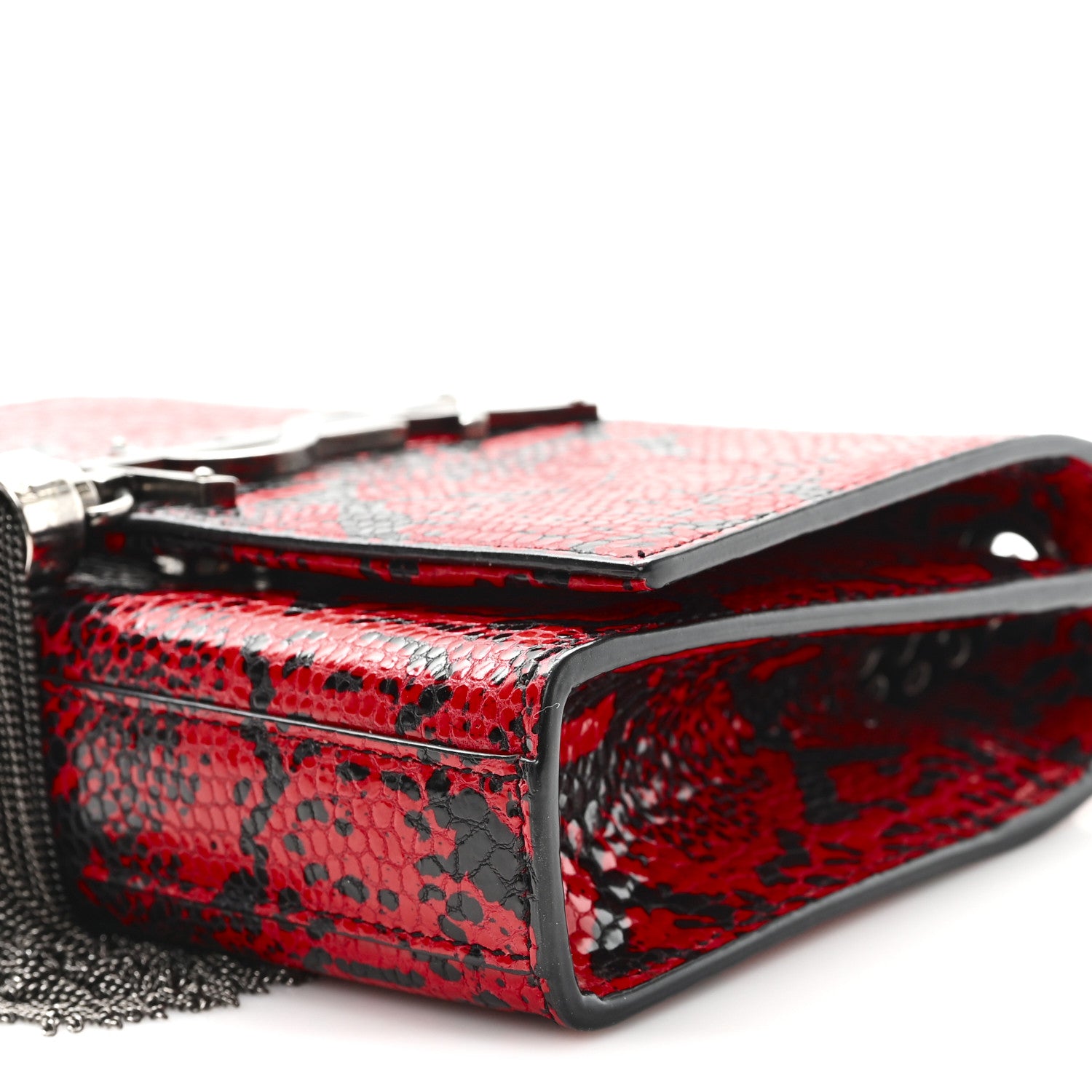 Saint Laurent Calfskin Snakeskin Embossed Small Classic Monogram Kate Tassel Satchel Red Black 9 of 11