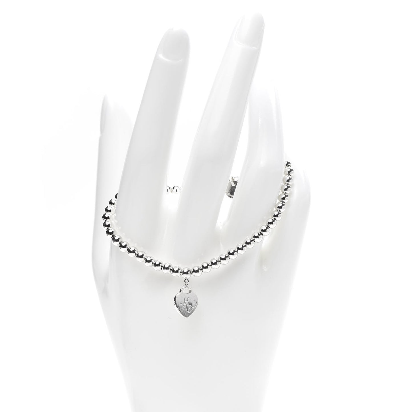 Sterling Silver 4mm Mom Heart Tag Bead Bracelet