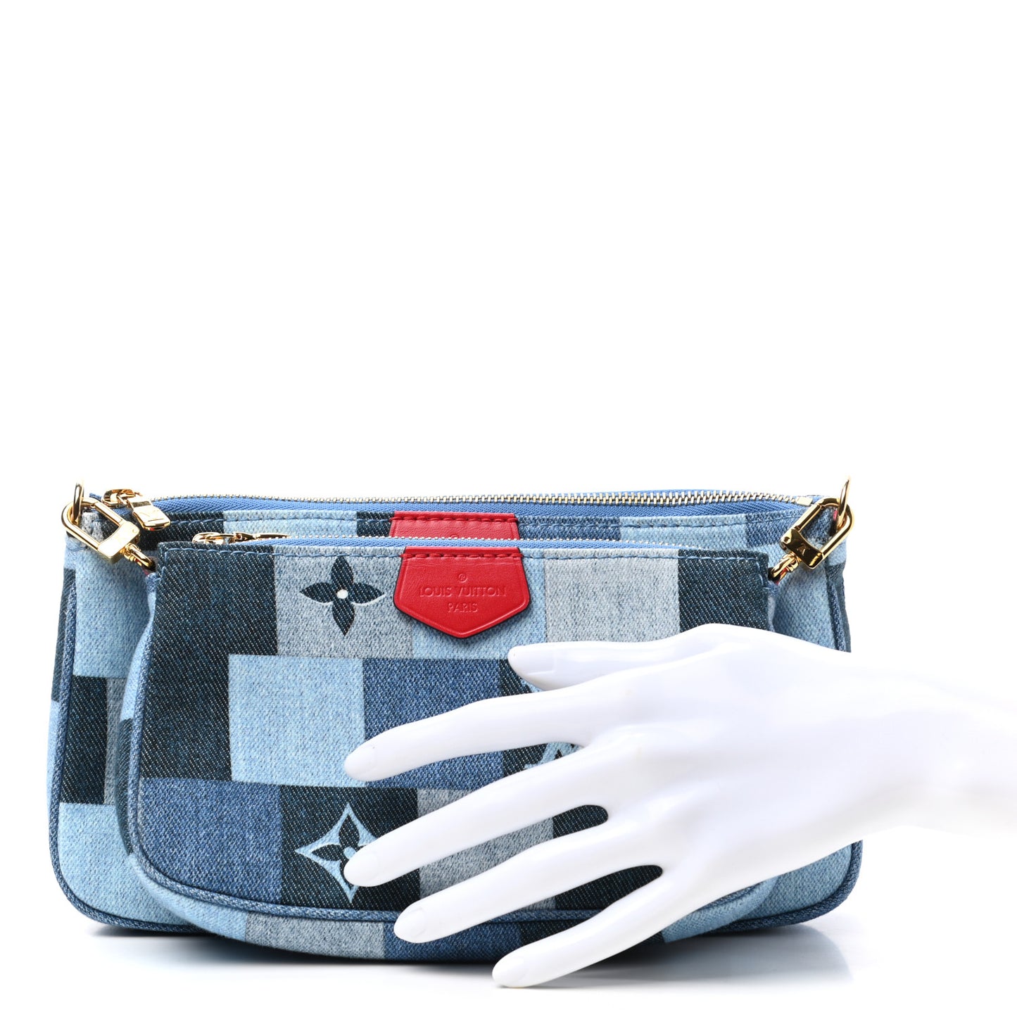 Denim Damier Monogram Patchwork Multi Pochette Accessories Blue Rouge