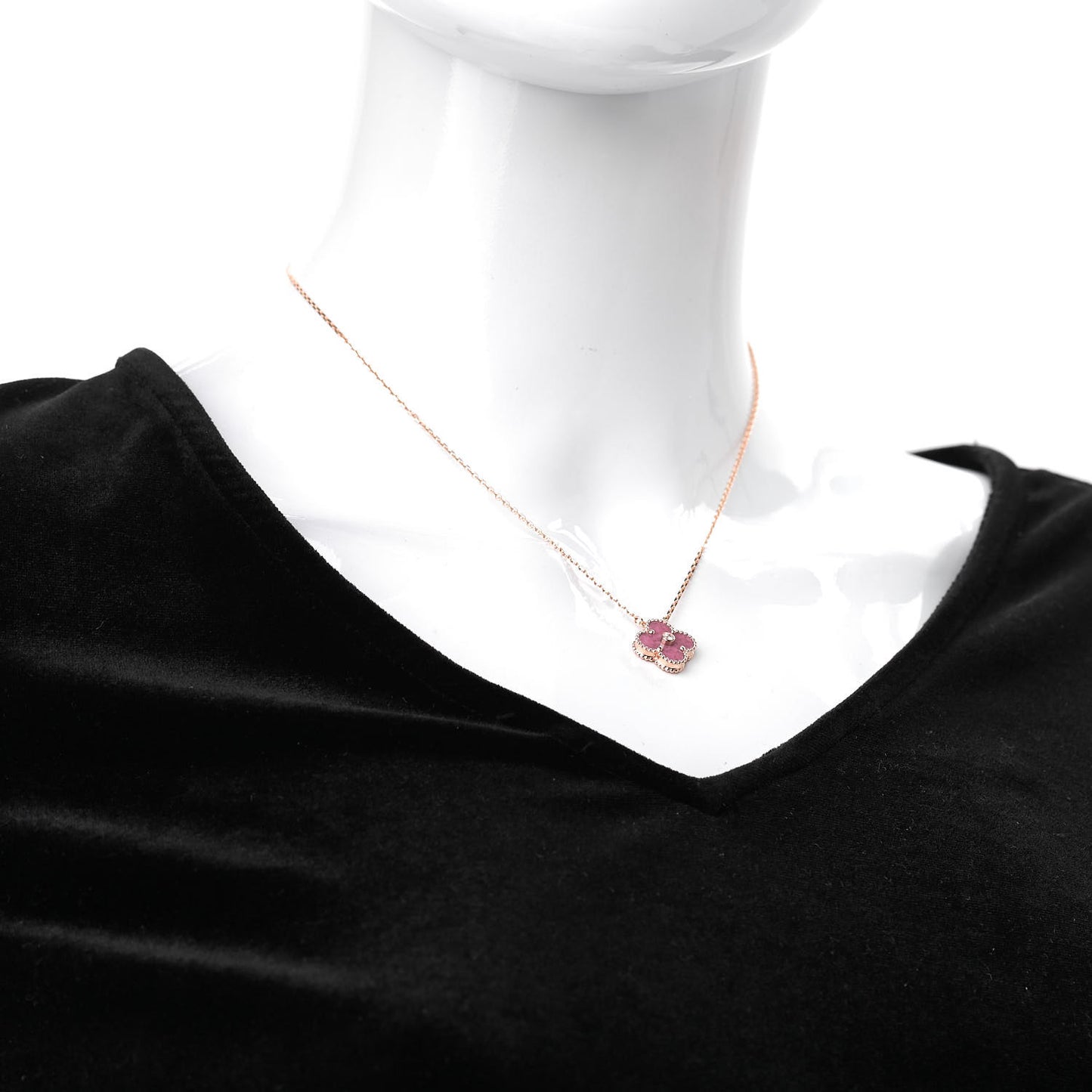 18K Rose Gold Diamond Rhodonite Vintage Alhambra Pendant Necklace