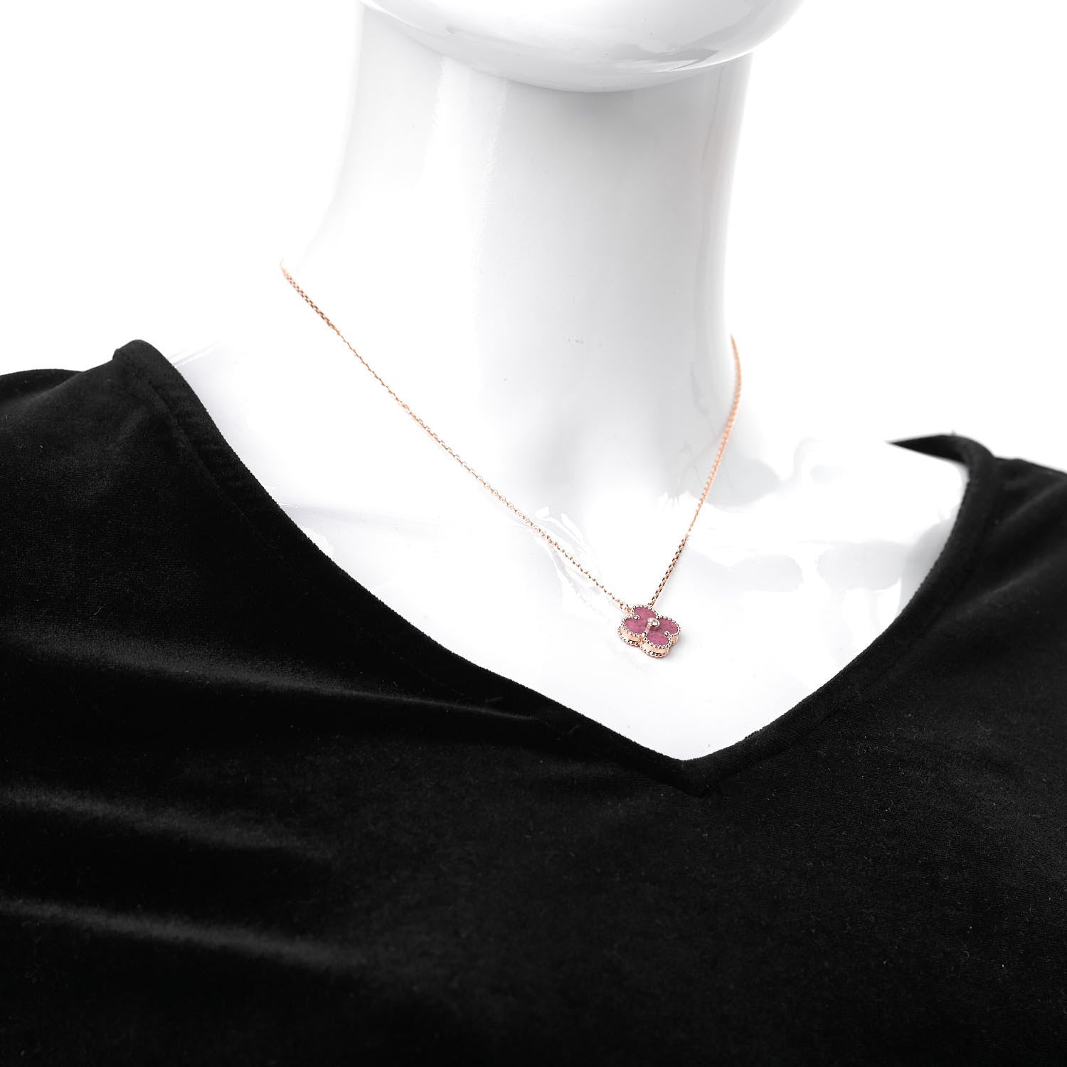 Van Cleef & Arpels 18K Rose Gold Diamond Rhodonite Vintage Alhambra Pendant Necklace 2 of 7