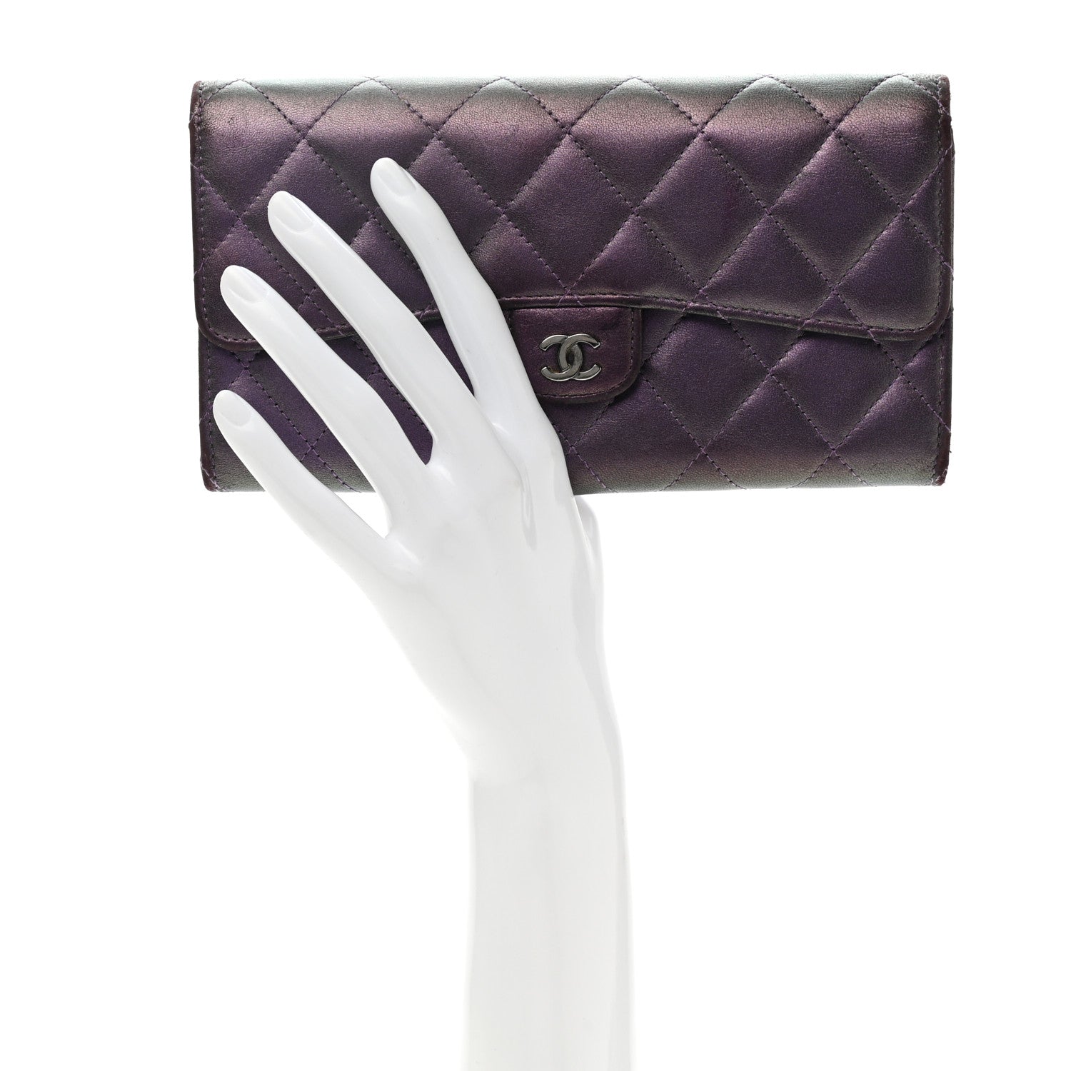 Chanel Metallic Lambskin Quilted Large Gusset Flap Wallet Purple 2 of 13