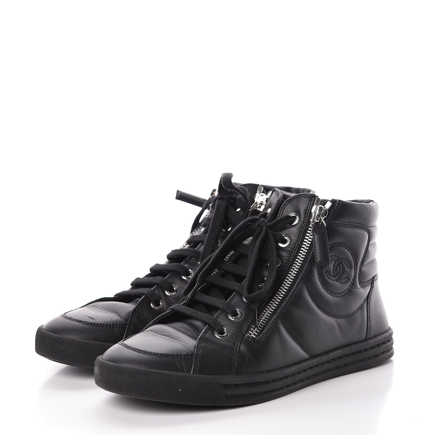 Chanel Calfskin Pearl High Top CC Sneakers 36 Black 3 of 16