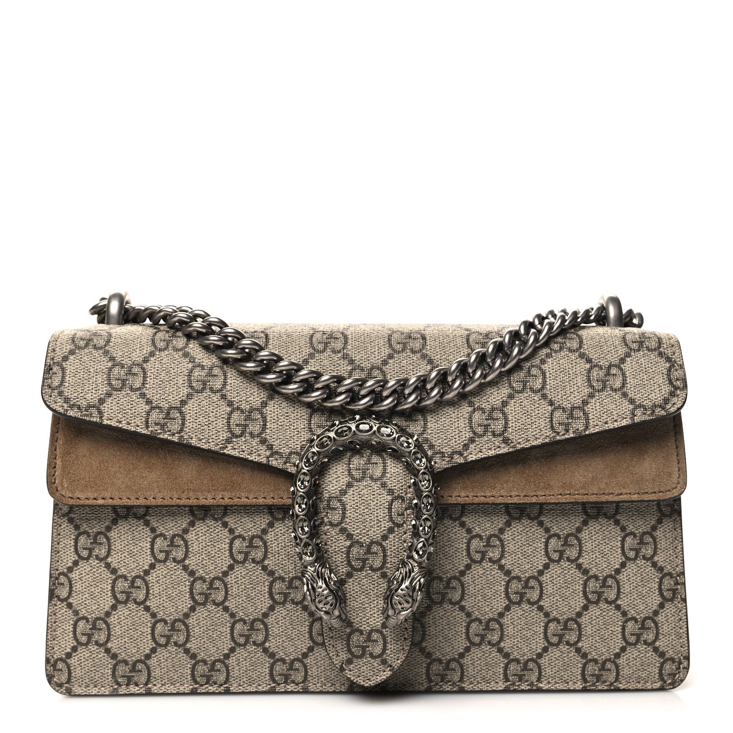 Gucci GG Supreme Monogram Suede Crystal Small Dionysus Shoulder Bag Beige Ebony Taupe 1 of 11