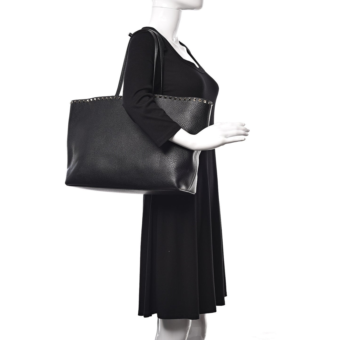 Grained Calfskin Rockstud Shoulder Tote Black