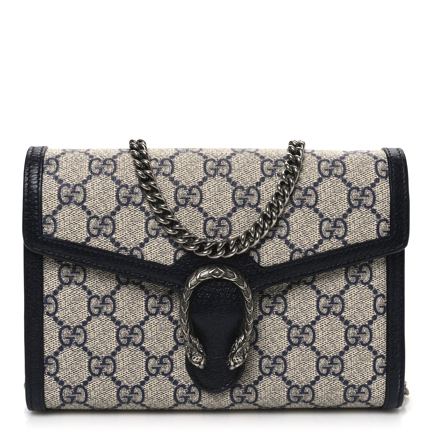 Gucci GG Supreme Monogram Textured Dollar Calfskin Mini Dionysus Chain Wallet Beige Blue 1 of 12