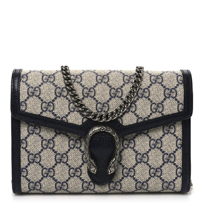 Gucci GG Supreme Monogram Textured Dollar Calfskin Mini Dionysus Chain Wallet Beige Blue 1 of 12