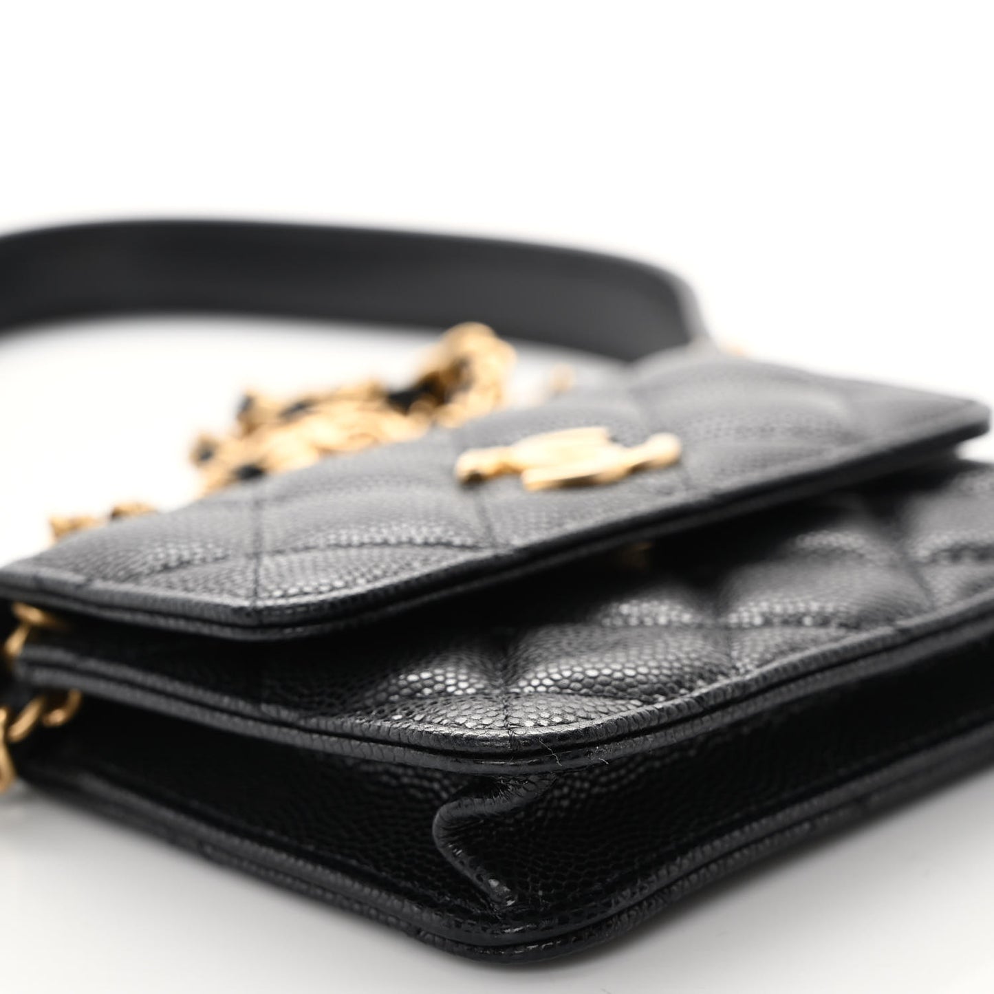 Caviar Quilted Twist Your Buttons Coin Purse With Chain Black