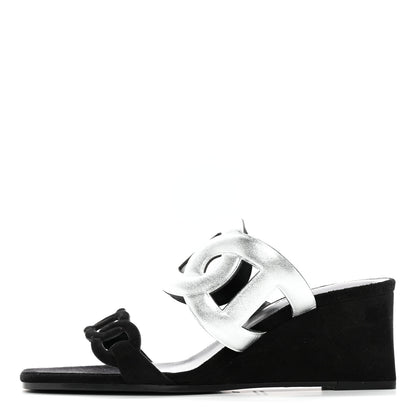 Hermes Metallic Nappa Suede Goatskin Figari 55 Sandals 38 Black Argent 1 of 8