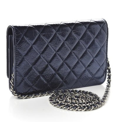 Chanel Patent Metallic Crumpled Calfskin Quilted Wallet On Chain WOC Navy 3 of 12