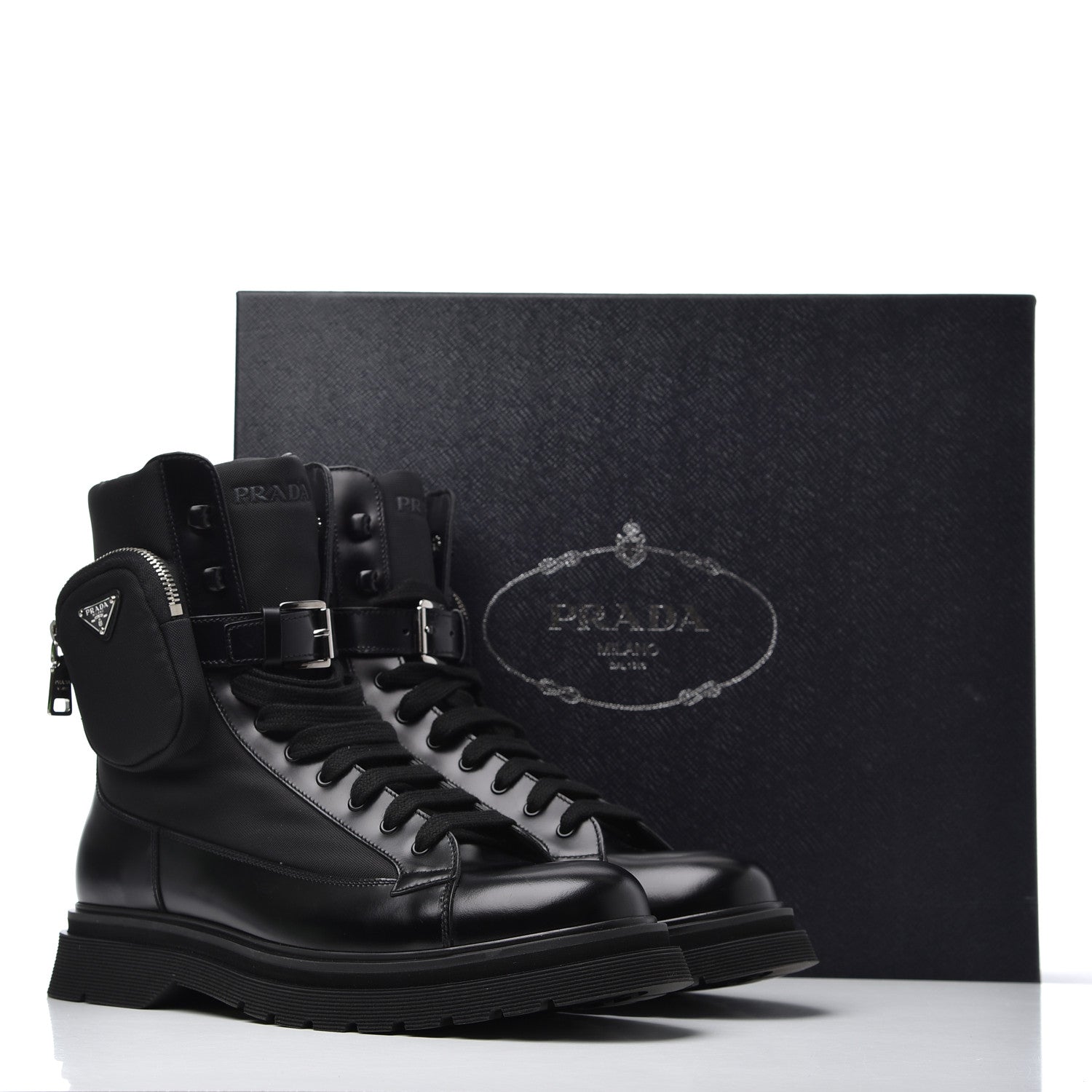 Prada Spazzolato Roi Technical Nylon Metal Triangle Logo Mens Pouch Pocket Combat Boots 9.5 Black 16 of 16