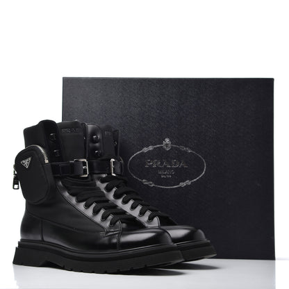 Prada Spazzolato Roi Technical Nylon Metal Triangle Logo Mens Pouch Pocket Combat Boots 9.5 Black 16 of 16