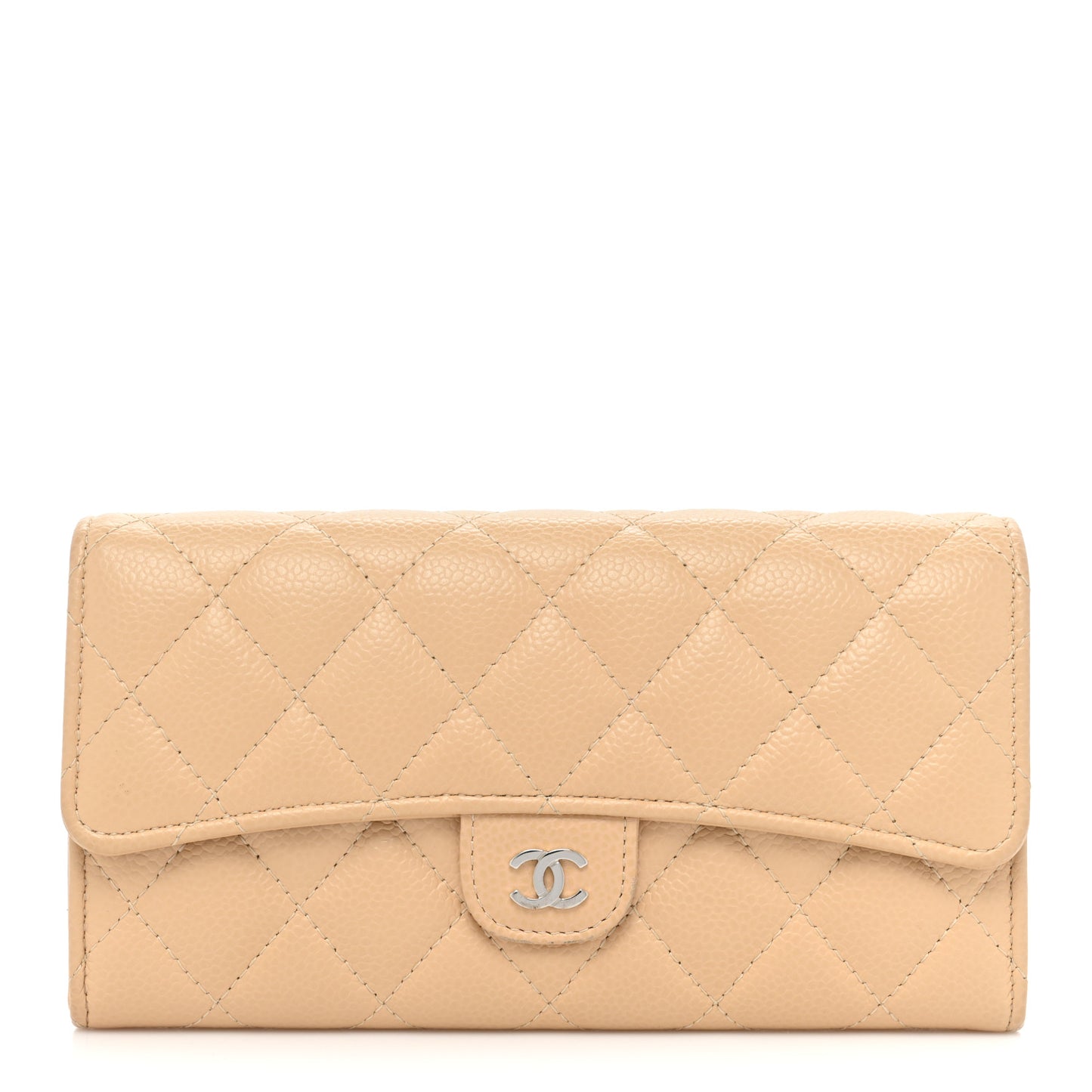 Caviar Quilted Large Gusset Flap Wallet Beige