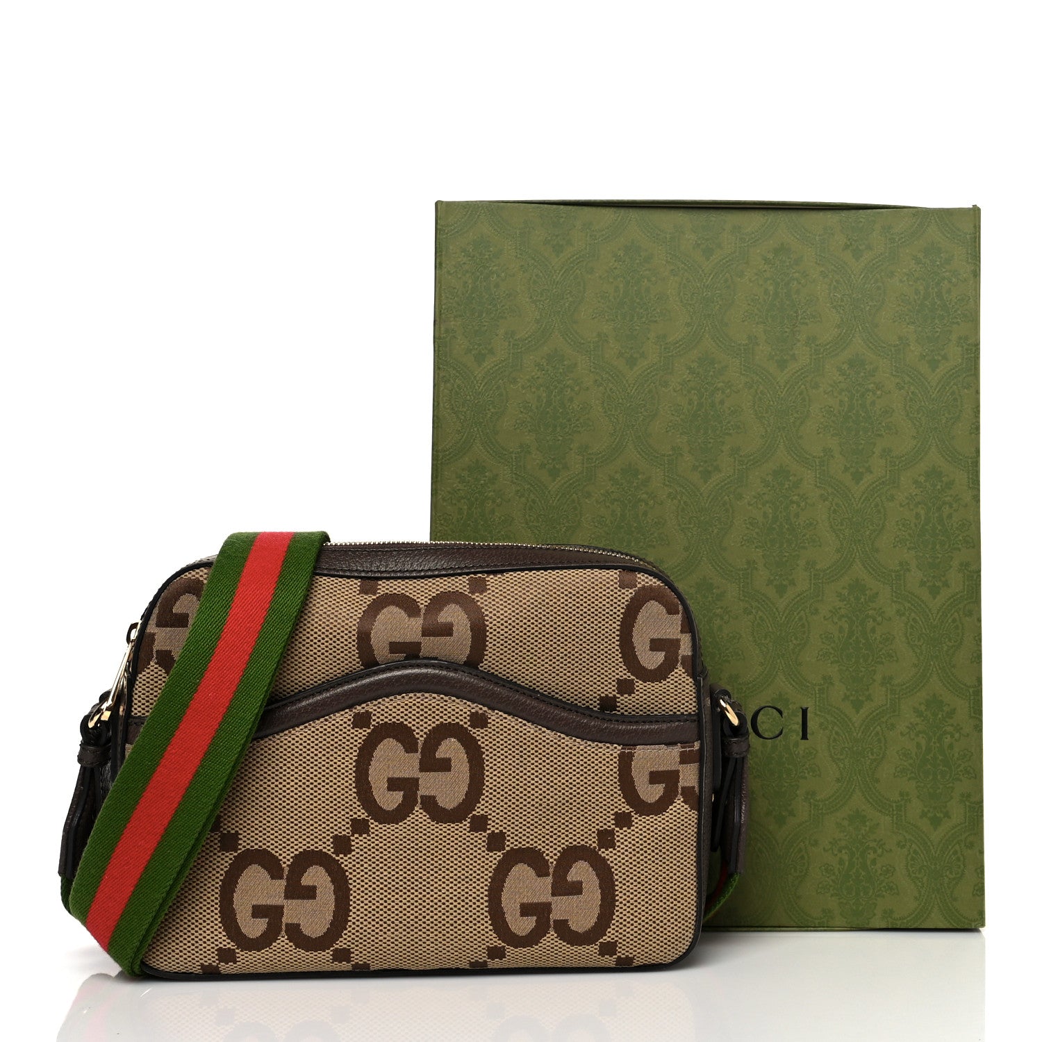 Gucci Monogram Jumbo GG Textured Dollar Calfskin Web Messenger Shoulder Bag Camel Ebony New Acero 15 of 15