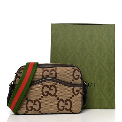 Gucci Monogram Jumbo GG Textured Dollar Calfskin Web Messenger Shoulder Bag Camel Ebony New Acero 15 of 15