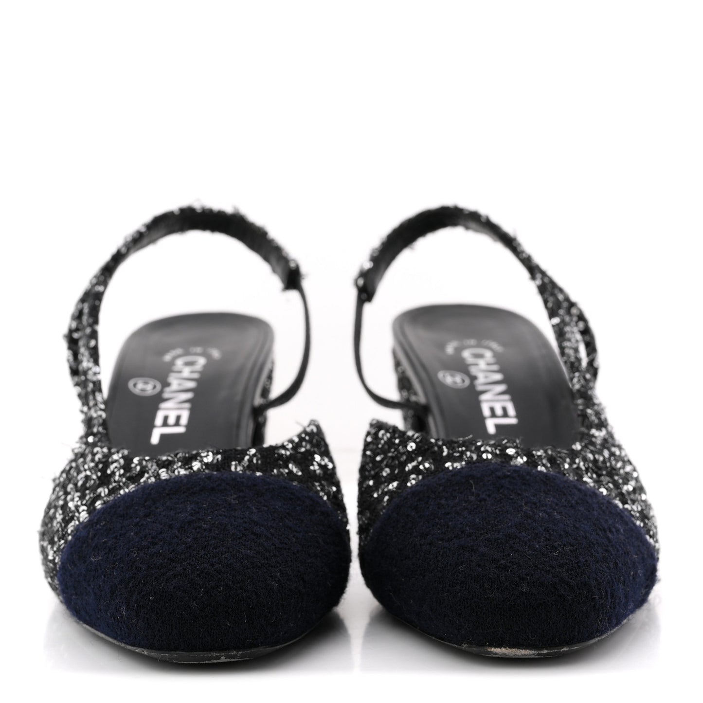 Tweed Sequin Cap Toe CC Slingback Pumps 38 Black White Silver