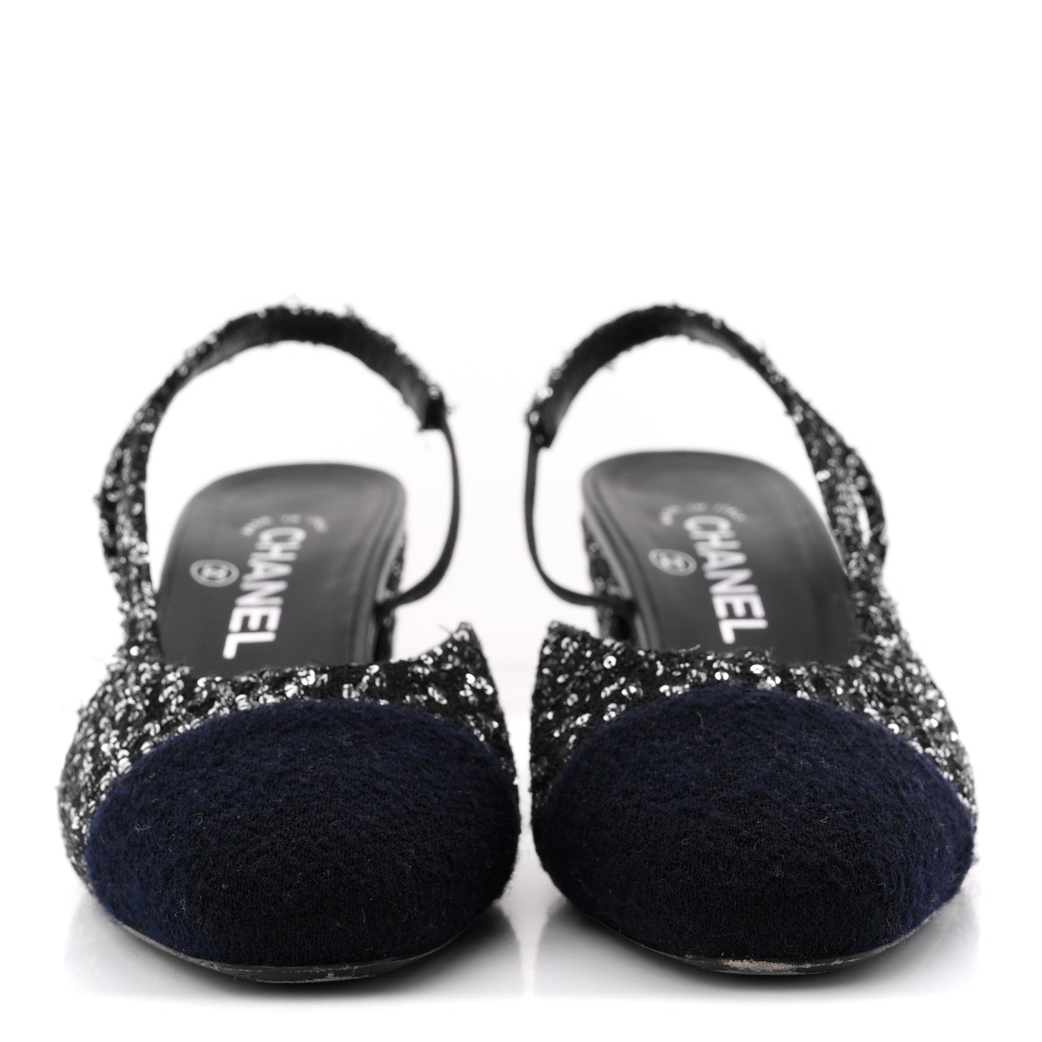 Chanel Tweed Sequin Cap Toe CC Slingback Pumps 38 Black White Silver 3 of 14