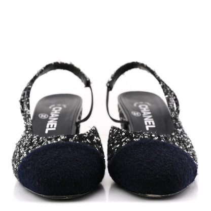 Chanel Tweed Sequin Cap Toe CC Slingback Pumps 38 Black White Silver 3 of 14
