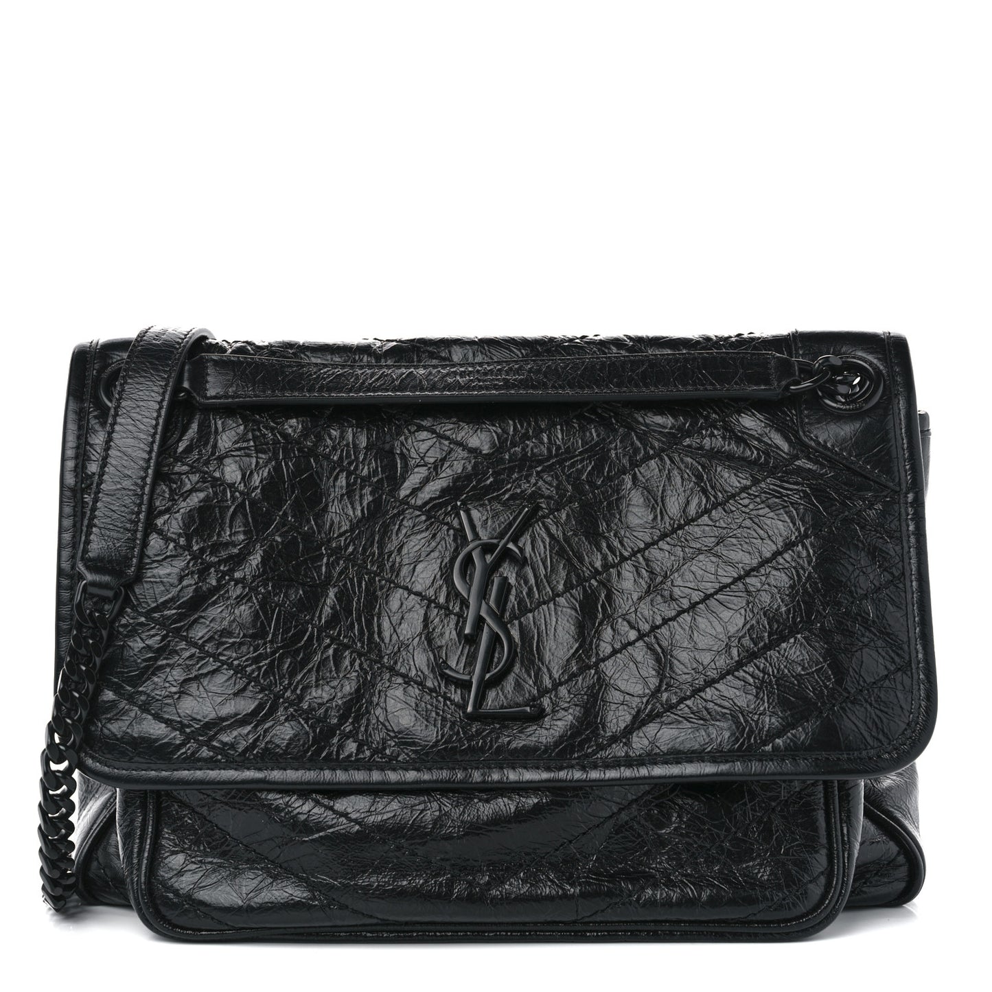 Crinkled Calfskin Matelasse Monogram Medium Niki Chain Satchel Black