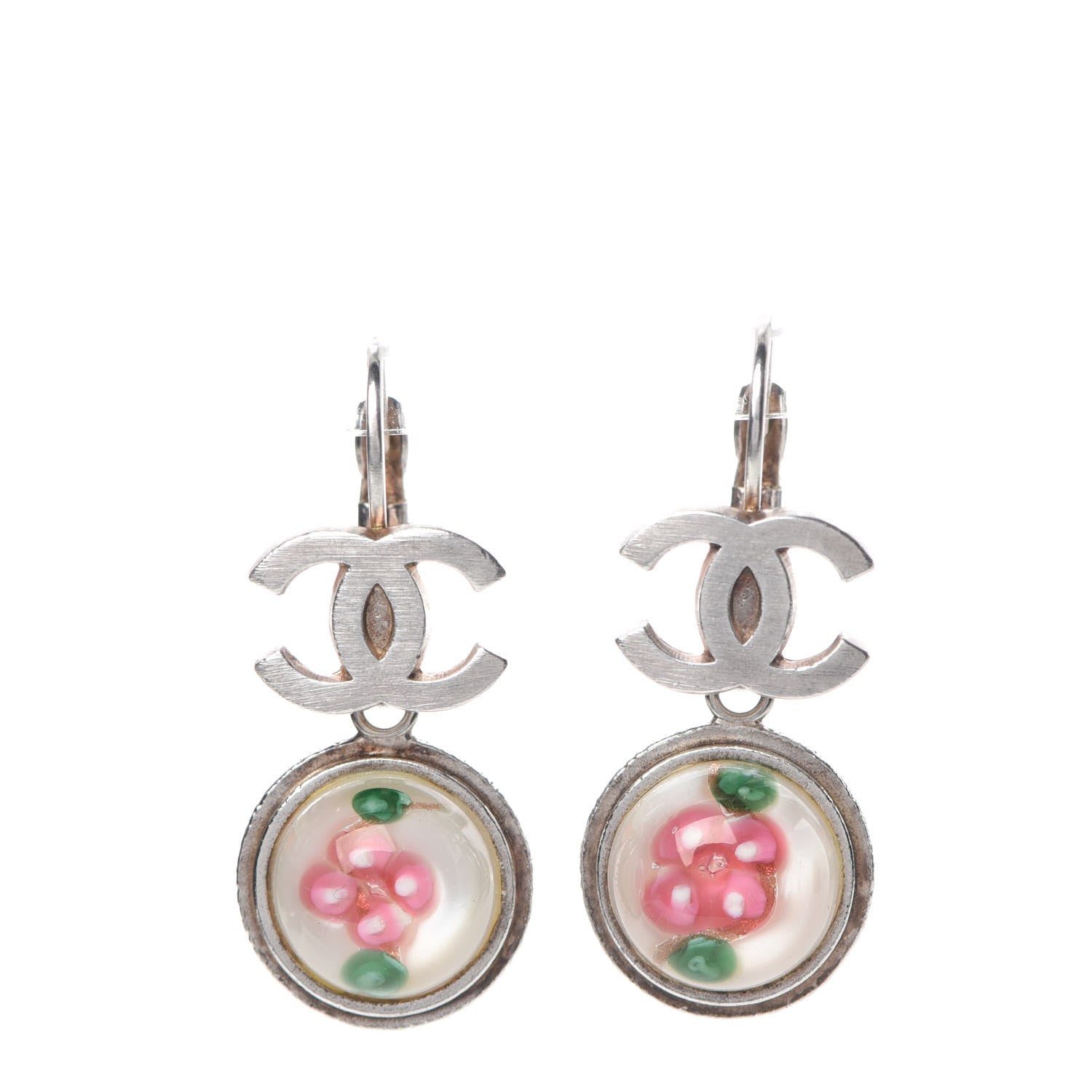 Chanel Enamel Bead CC Floral Drop Earrings Silver 1 of 6