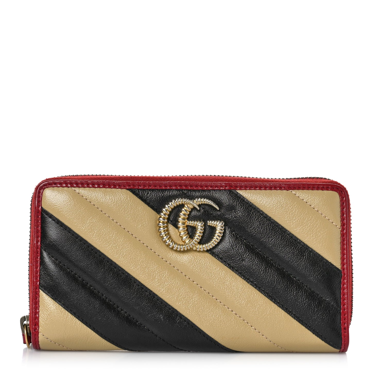 Azalea Calfskin Matelasse Diagonal Patchwork Torchon GG Marmont Zip Around Wallet Black Beige Romantic Cerise