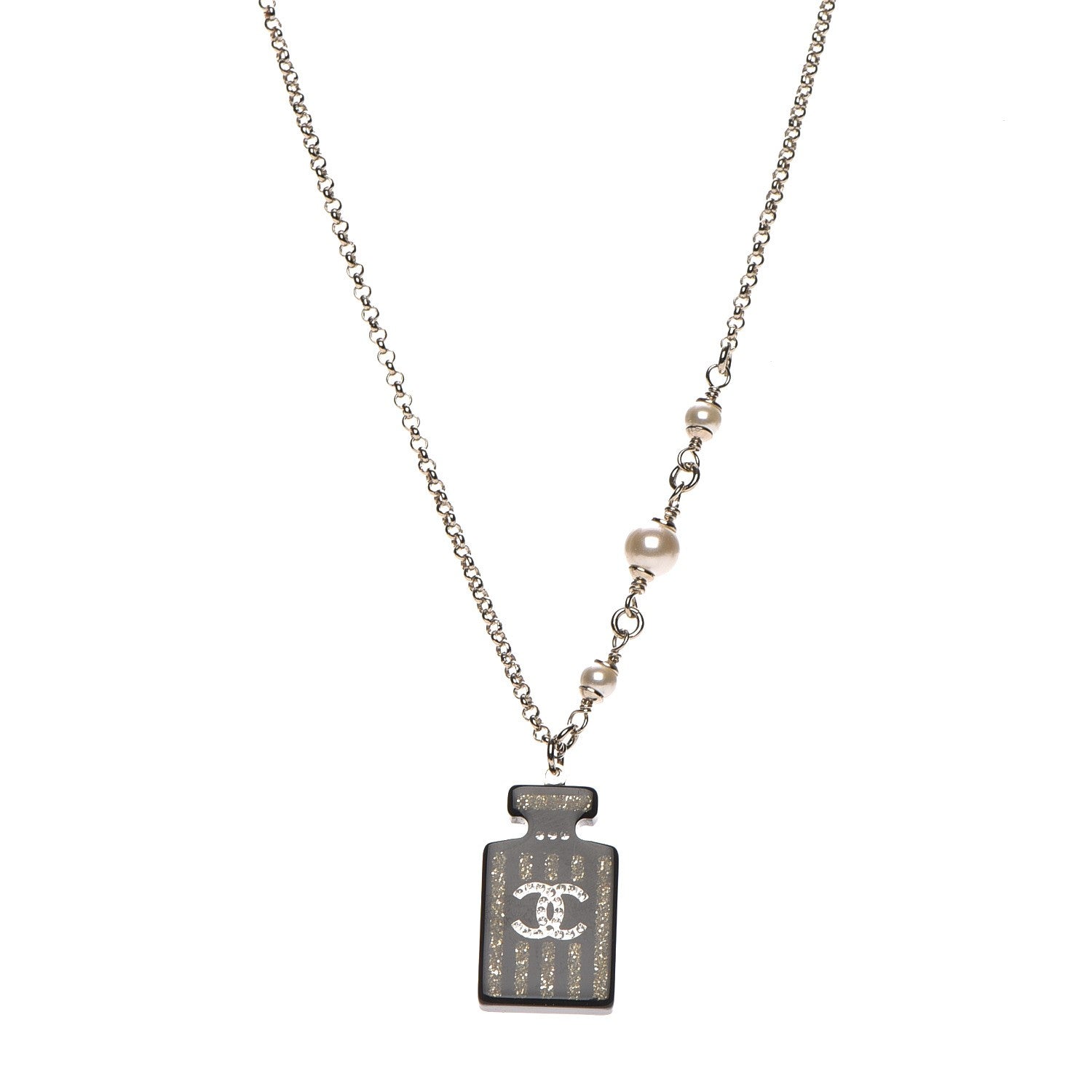 Chanel Resin Strass Perfume Bottle CC Necklace Black Gold 1 of 7