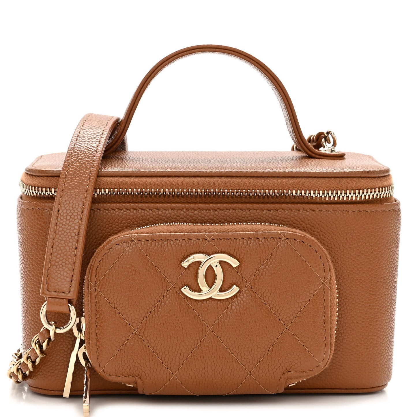 Caviar Quilted Top Handle Pocket Vanity Case Camel