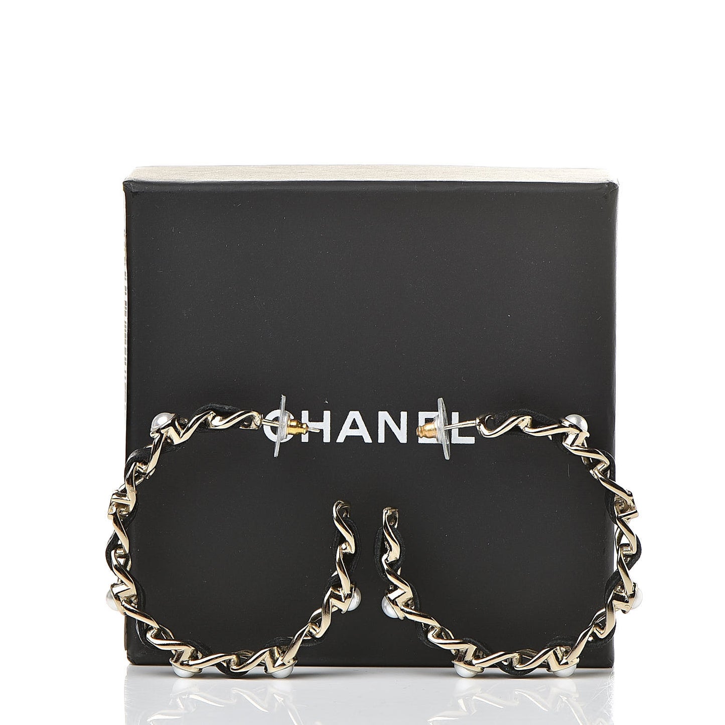 Lambskin Pearl CC Chain Hoop Earrings Gold Black
