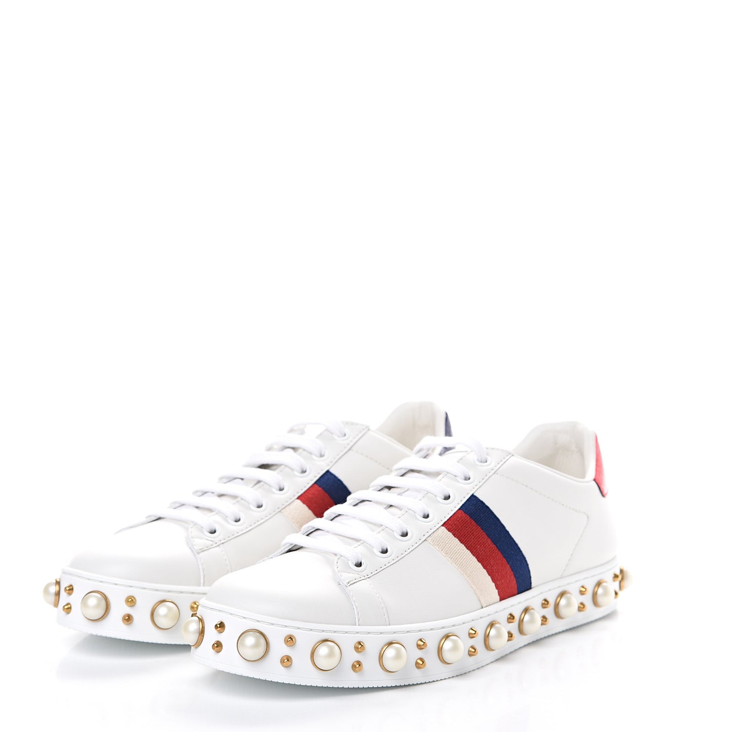 Calfskin Ayers Web Pearl Studded Womens Ace Sneakers Sneakers 39 White