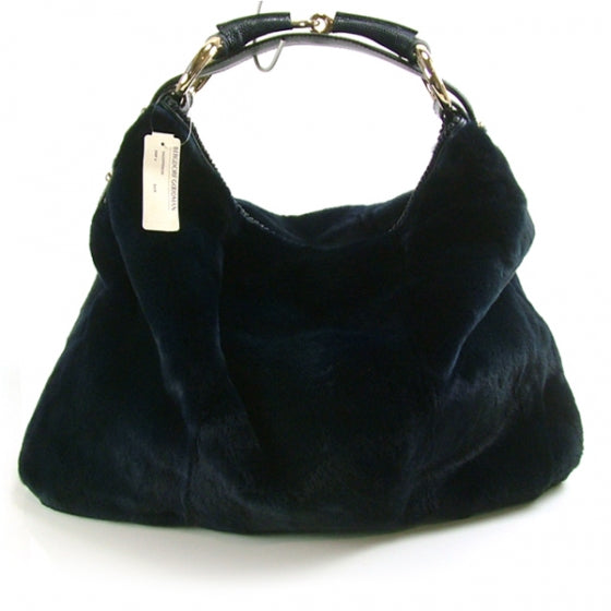 Mink Fur Large Horsebit Chain Hobo Navy