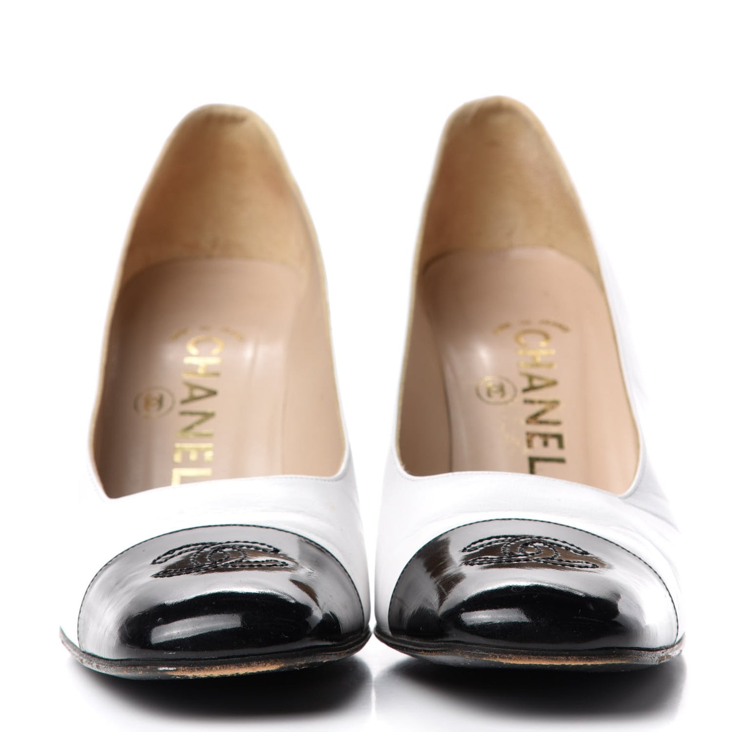 Patent Calfskin CC Cap Toe Pumps 38 White Black