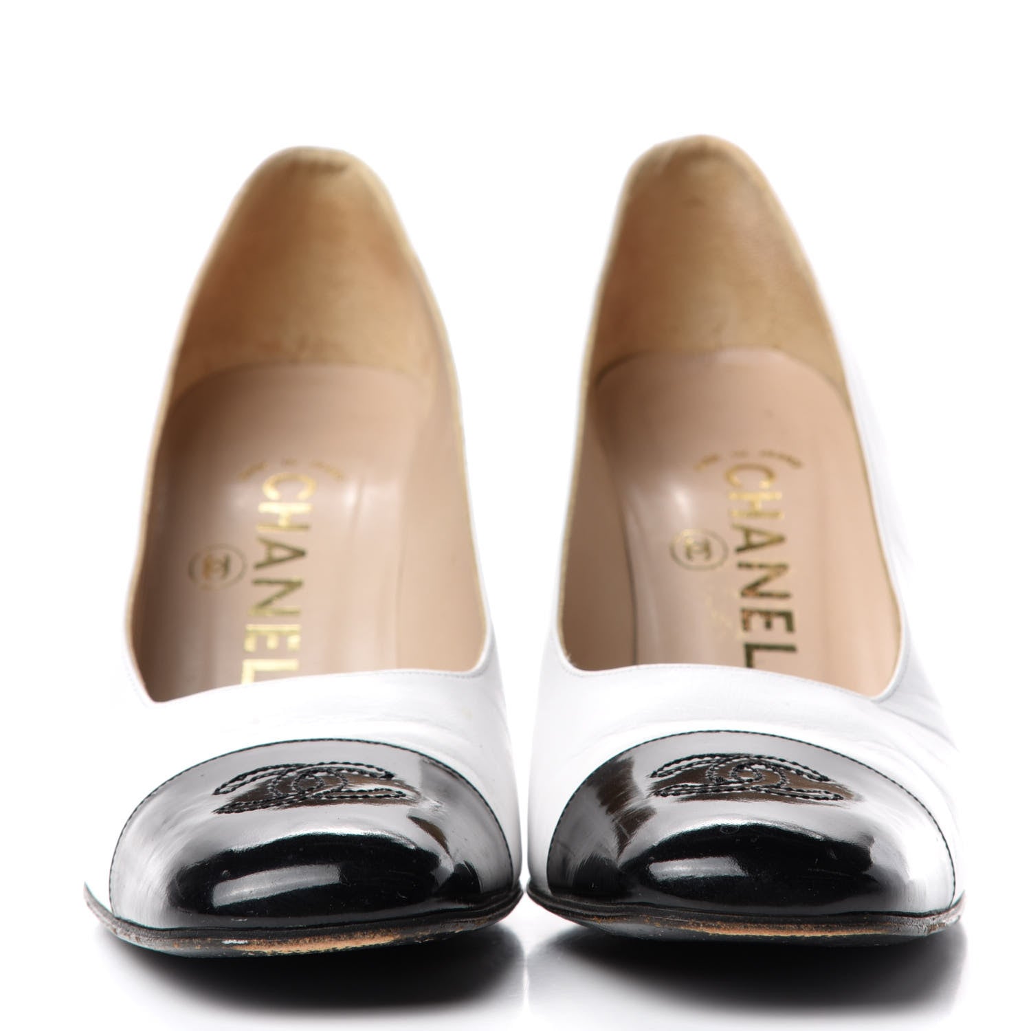 Chanel Patent Calfskin CC Cap Toe Pumps 38 White Black 2 of 10