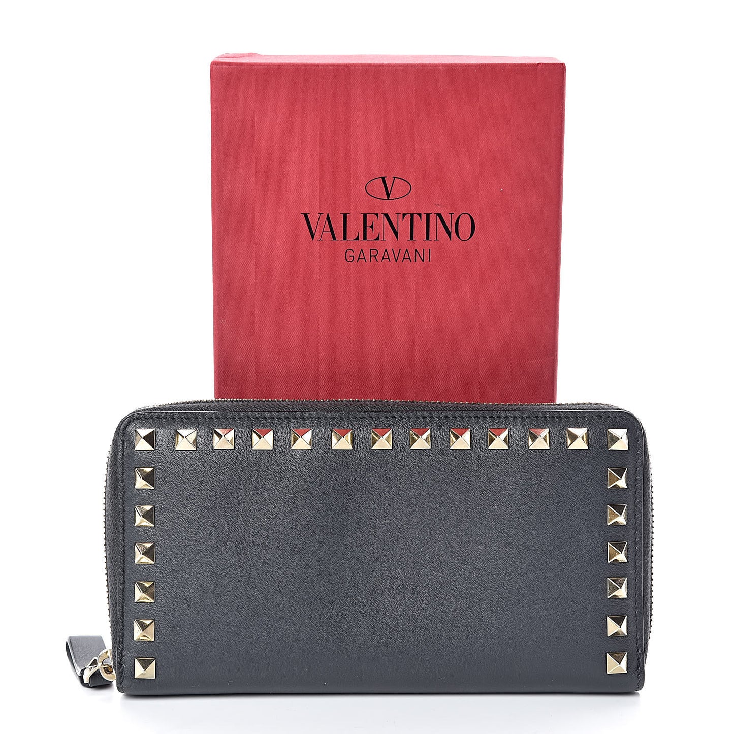 Calfskin Rockstud Zip Around Wallet Grey