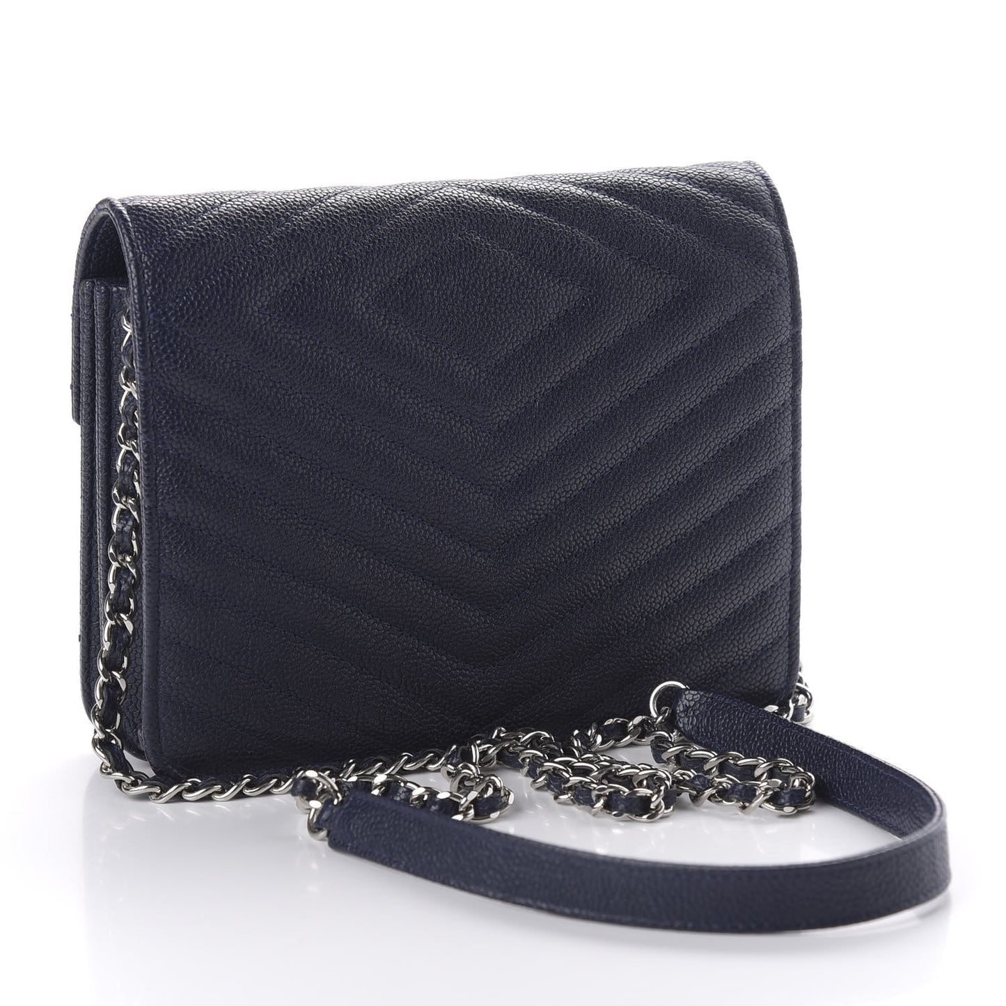 Caviar Chevron Quilted Square Wallet On Chain WOC Blue