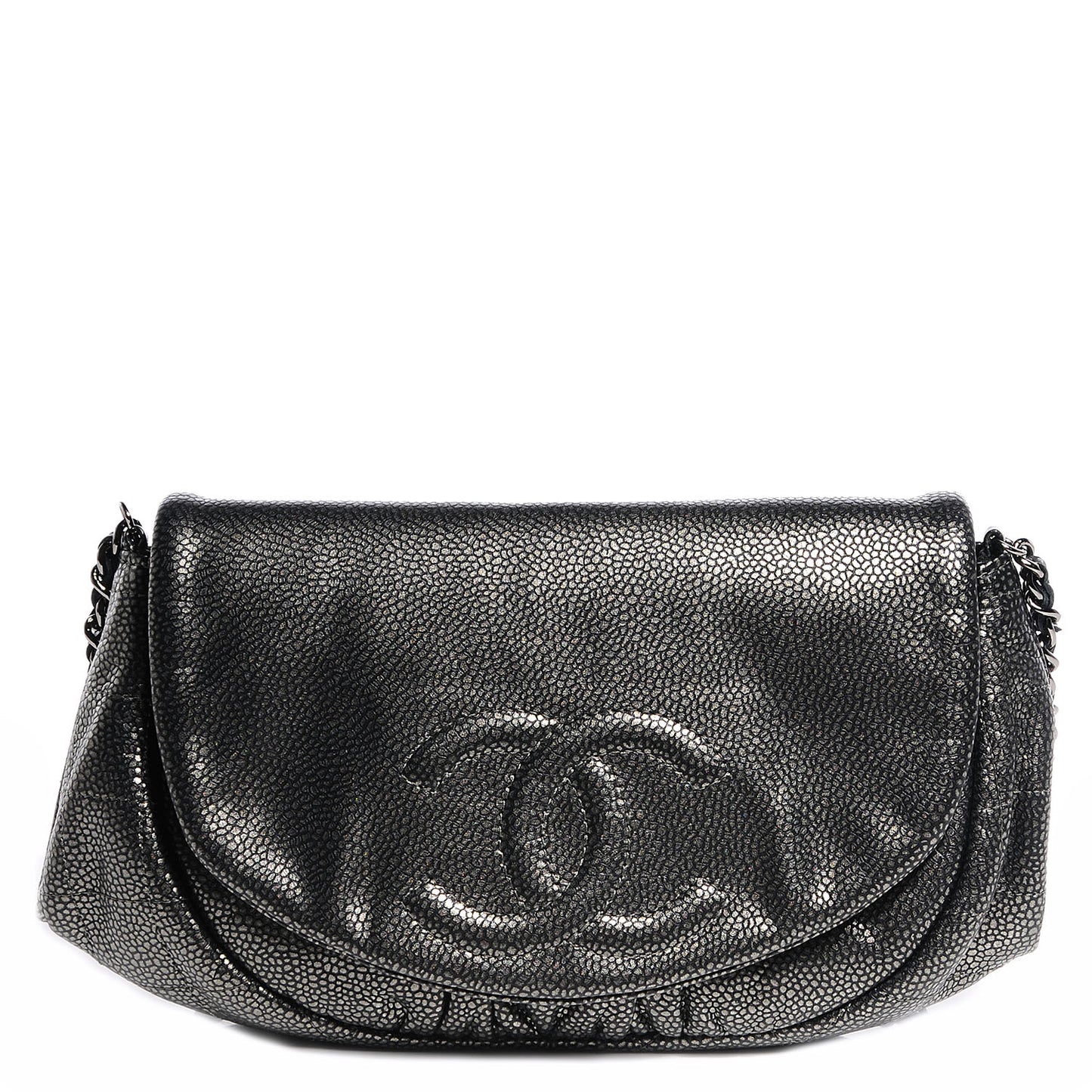 Metallic Caviar Half Moon Wallet On Chain WOC Dark Silver