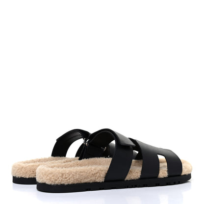 Hermes Veau Indios Woolskin Mens Chypre Sandals 43 Black Ecru 3 of 4