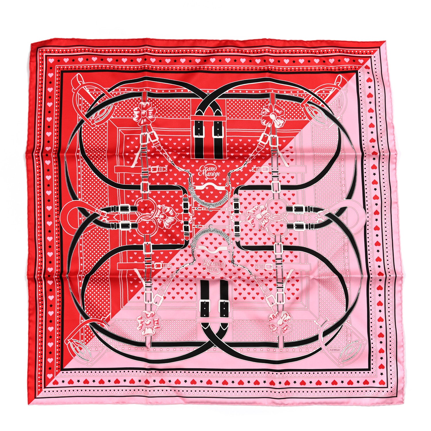 Hermes Silk Grand Manege Cut Bandana Love Scarf 65 Rouge Rose Black 1 of 8