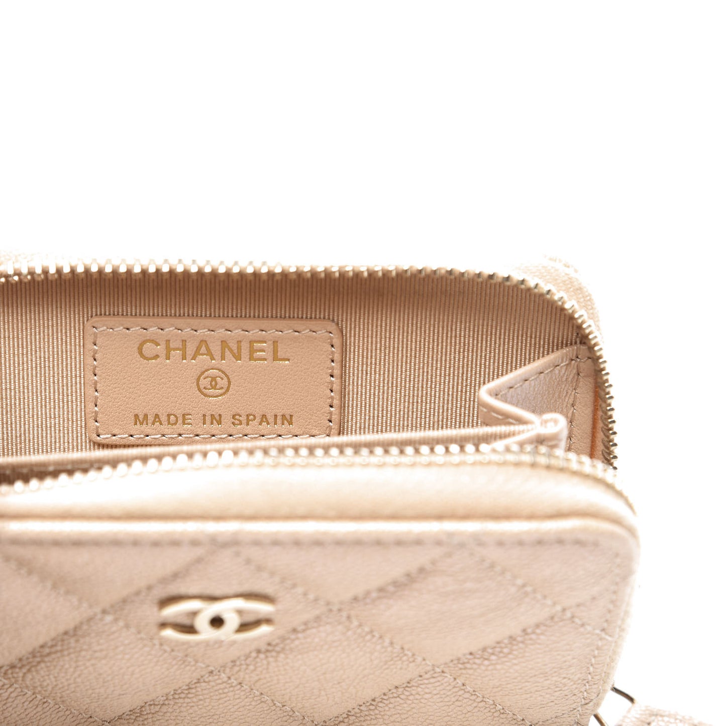 Iridescent Caviar Quilted Zip Around Coin Purse Beige