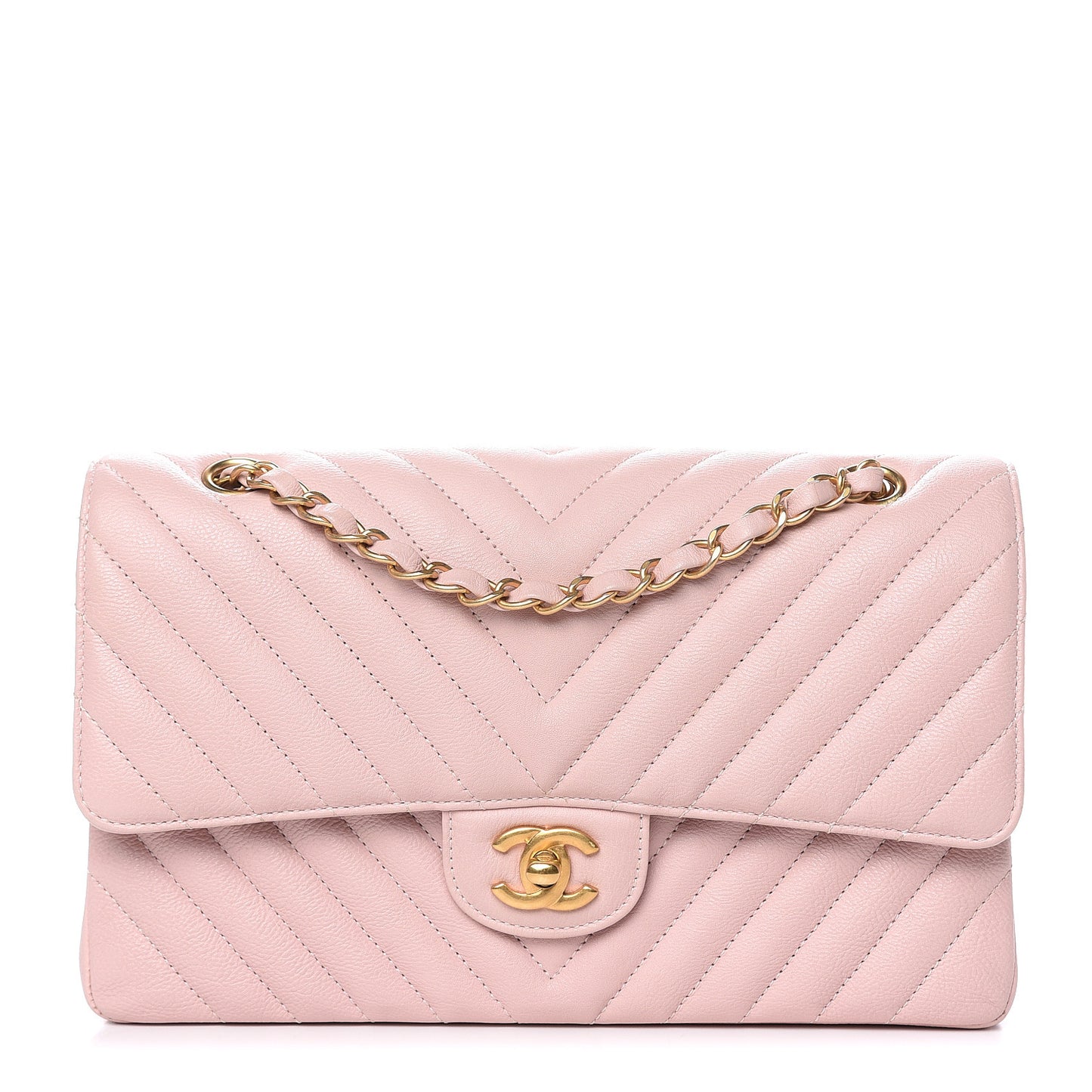 Calfskin Chevron Quilted Medium Double Flap Light Pink