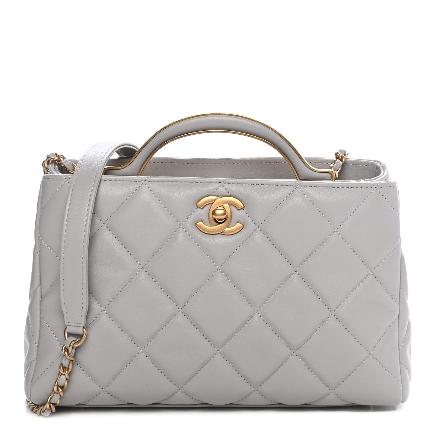 Calfskin Quilted Lady Handle Clutch Tote Grey